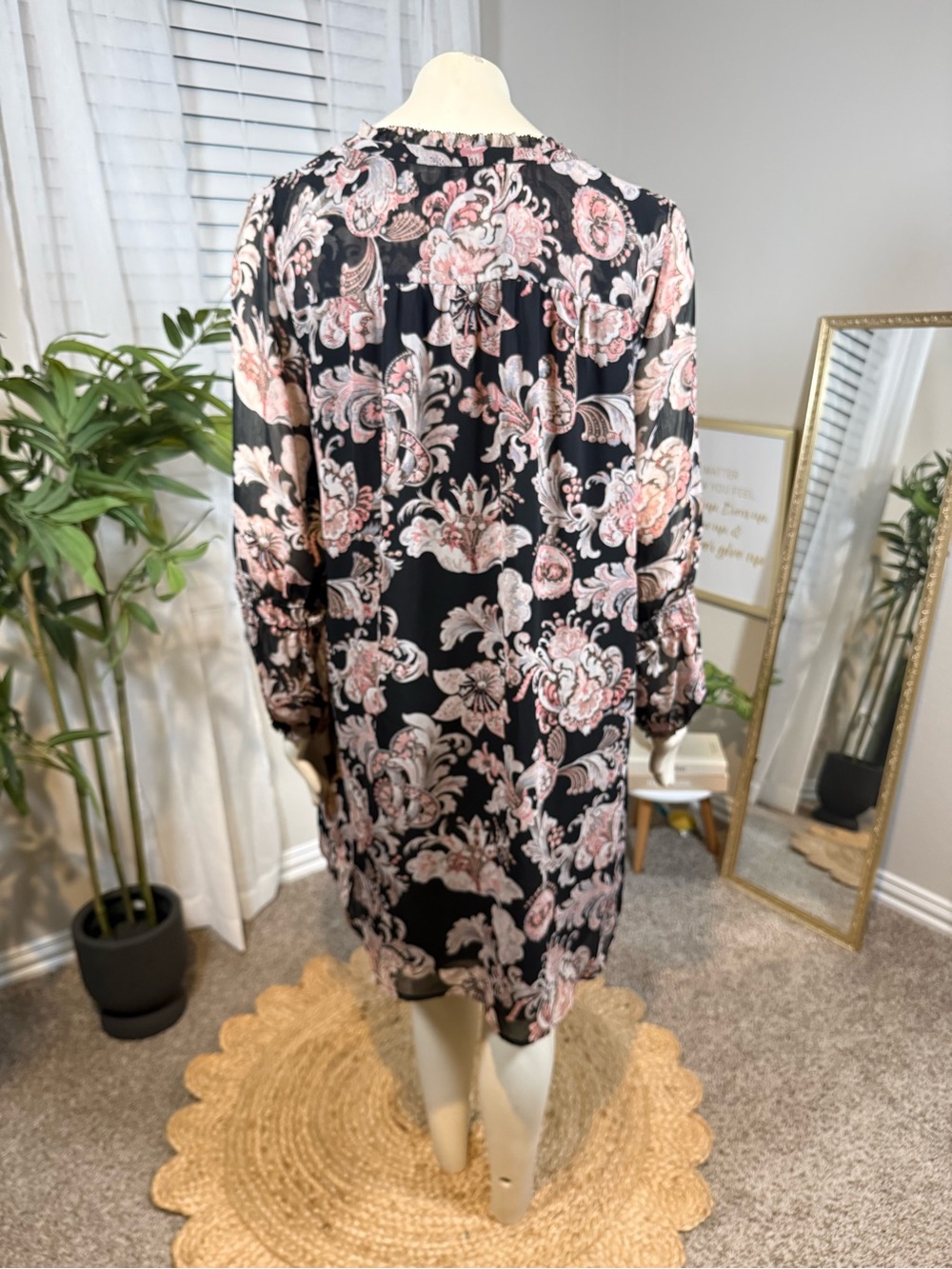 LOFT Black Floral Paisley Pintuck Tie-Neck Mini Dress - Picture 4 of 9
